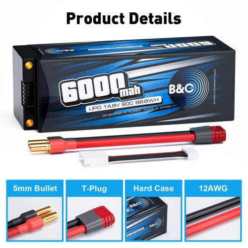 Аккумулятор Li-po B&C 6000 MAH 14.8v (4s) 90C, 5mm + T-Plug, Hard case фото 3