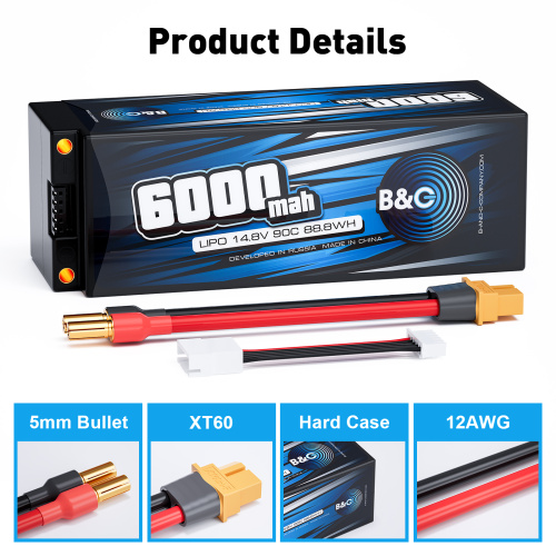 Аккумулятор Li-po B&C 6000 MAH 14.8v (4s) 90C, 5mm + XT60, Hard case фото 3