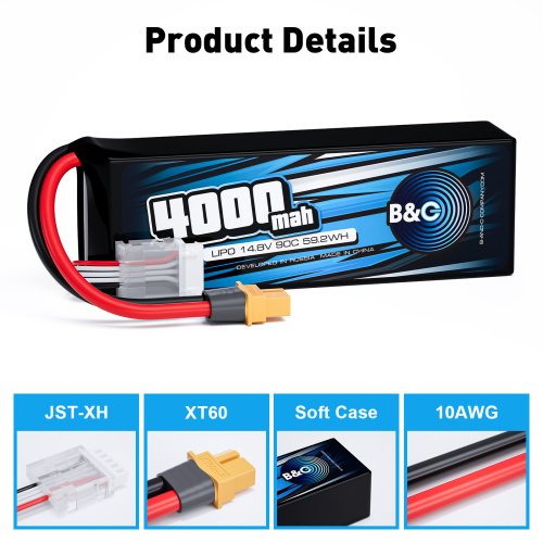 Аккумулятор Li-Po B&C 4000 MAH 14.8v (4s) 90C, XT60, Soft case фото 3