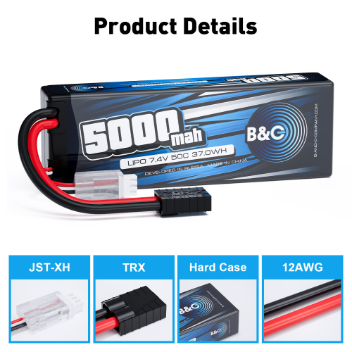 Аккумулятор Li-po B&C 5000 MAH 7.4v (2s), 50C, TRX, Hard case фото 3