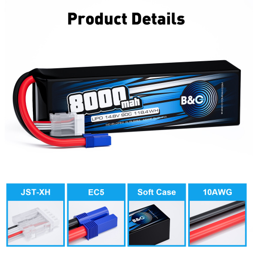 Аккумулятор Li-po B&C 8000 MAH 14.8V (4s) 90C, EC5, Soft case фото 3