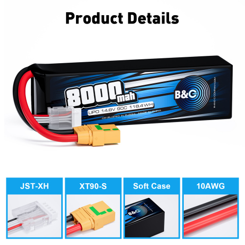 Аккумулятор Li-po B&C 8000 MAH 14.8V (4s) 90C, XT90, Soft case фото 3