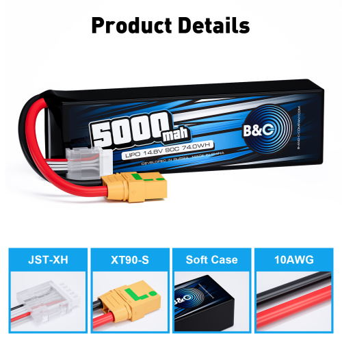 Аккумулятор Li-po B&C 5000 MAH 14.8V (4s) 90C, XT90, Soft case фото 3