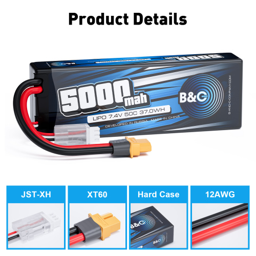 Аккумулятор Li-po B&C 5000 MAH 7.4v (2s), 50C, XT60, Hard case фото 3