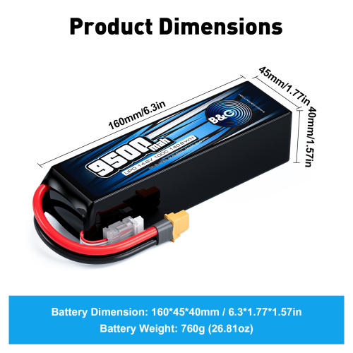 Аккумулятор Li-po B&C 9500 MAH 14.8V (4s) 100C, XT60, Soft case (для FPV дронов) фото 2